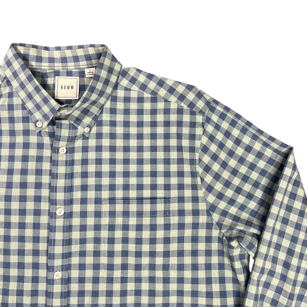 ROWM Men's Large Blue Green Gingham Check‎ Long Sleeve Button Down Cotton Shirt
